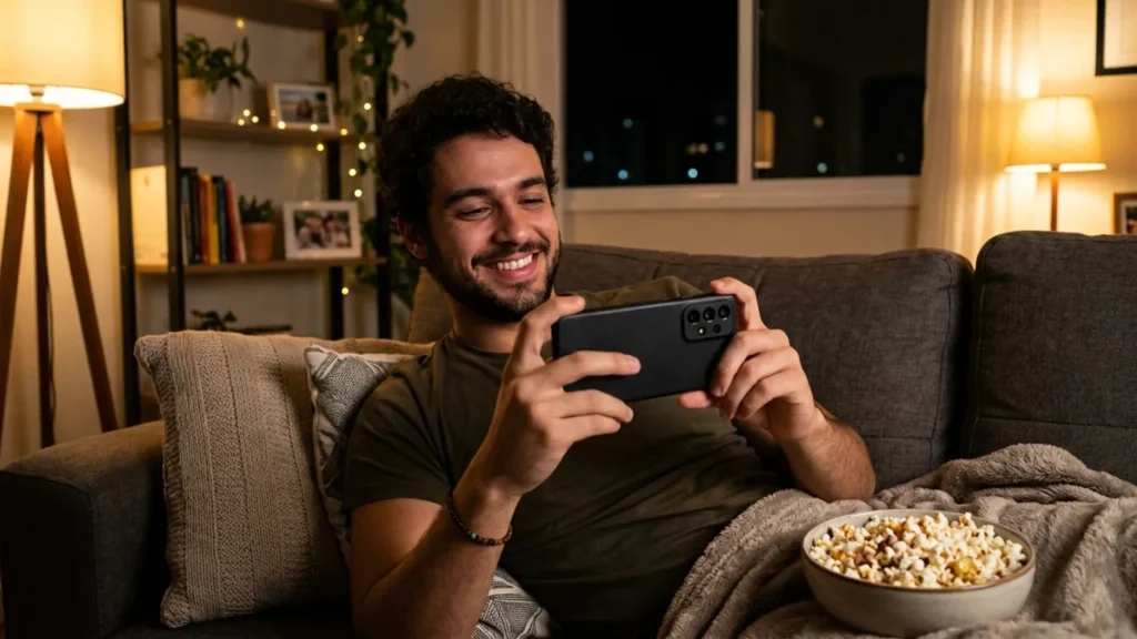 Homem relaxando no sofá à noite assistindo filme no celular, com pipoca