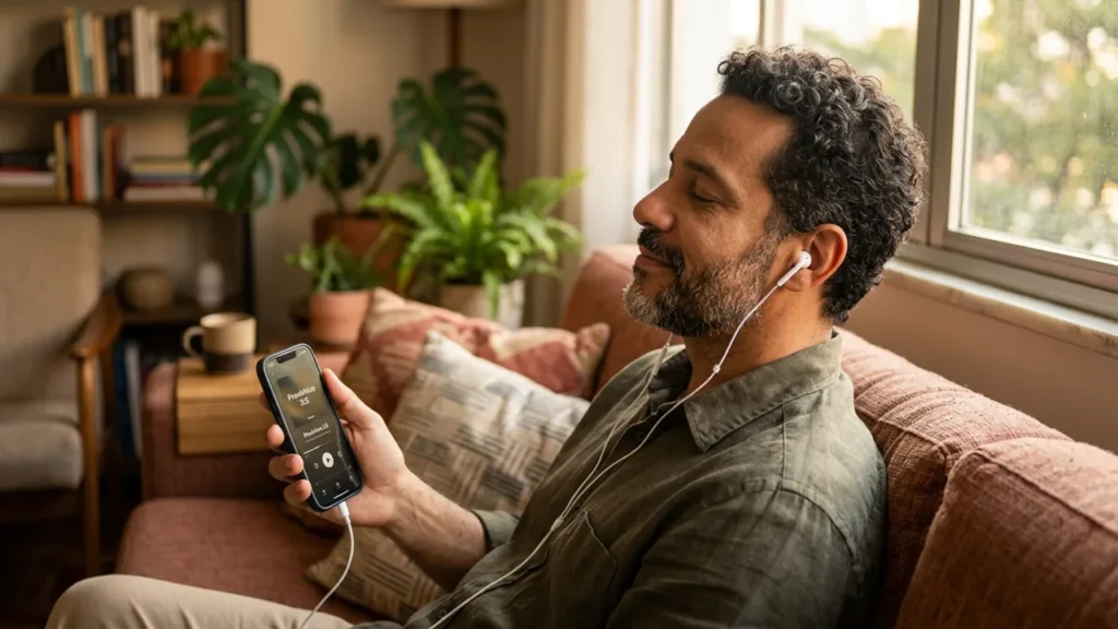 Homem ouvindo a Biblia em audio no celular com fone