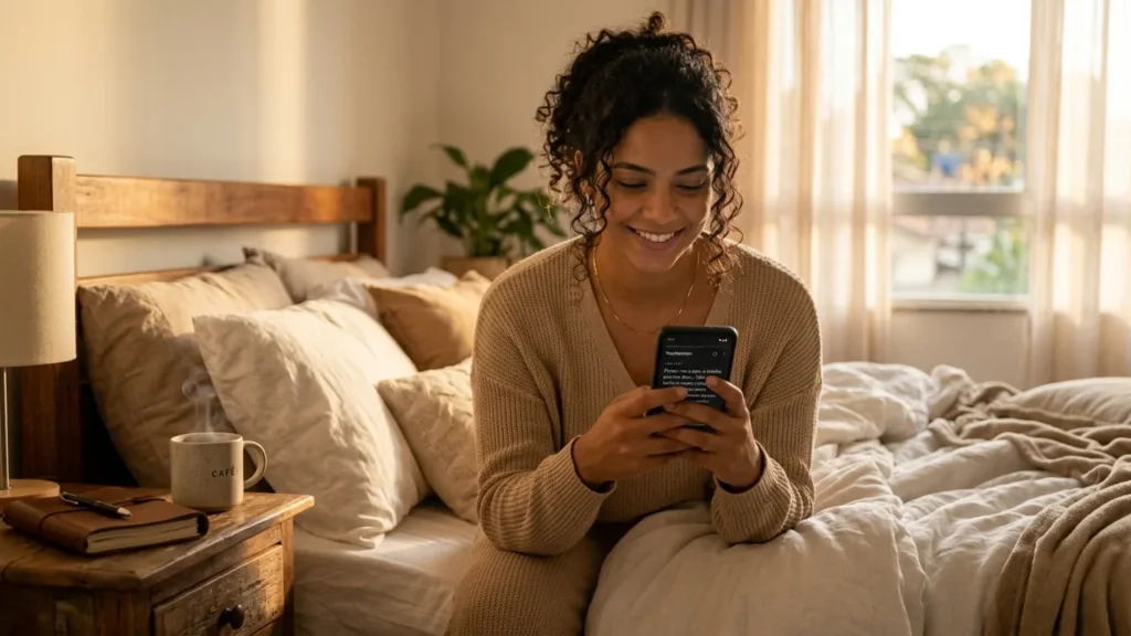 Mulher lendo a Biblia no celular pela manha em casa