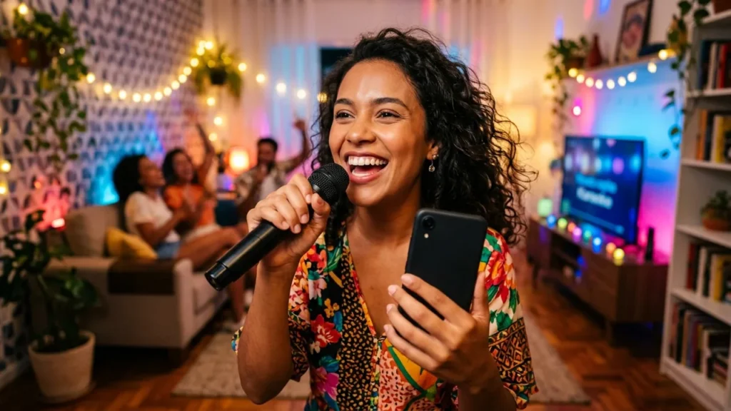Mulher cantando karaokê em casa com microfone e celular