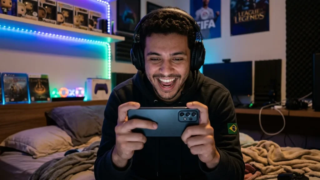 Tela do Free Fire com diamantes em um celular