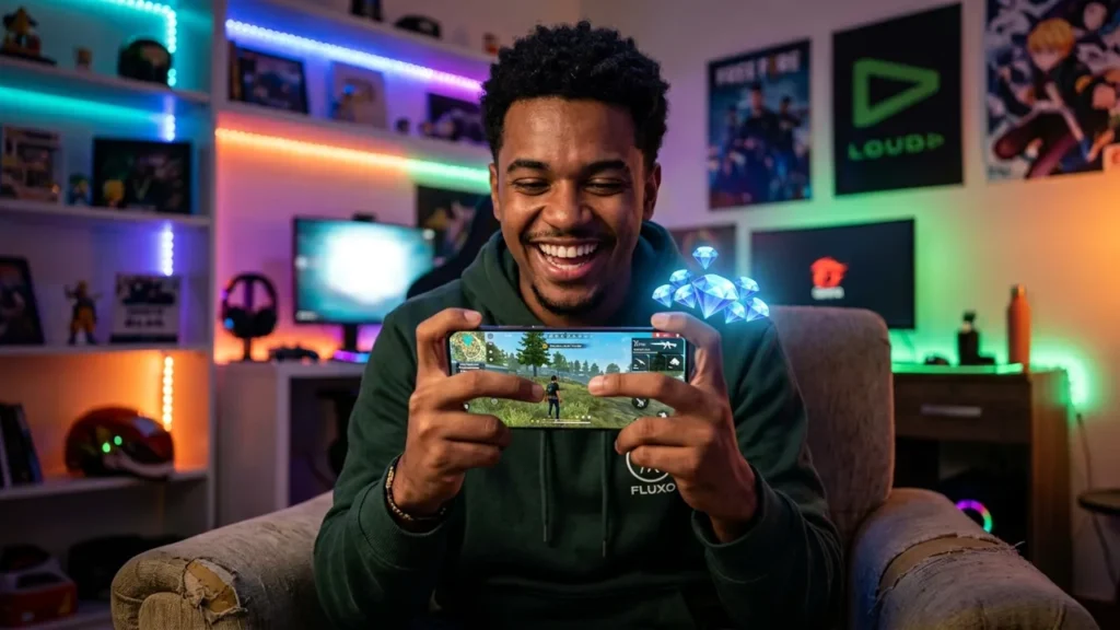 Jovem jogando Free Fire no celular com luzes coloridas