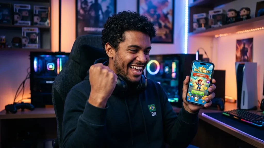Jovem comemorando recompensa no Free Fire no celular