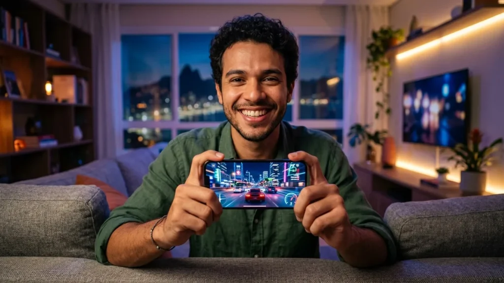 Homem mostrando jogo de direcao rodando no celular
