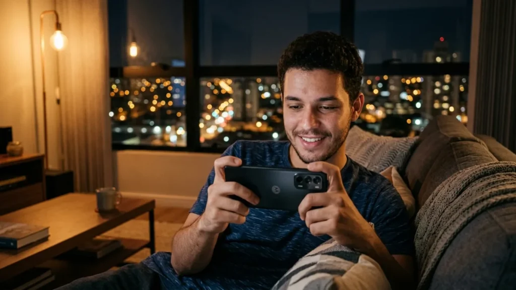 Jovem jogando GTA na tela de um celular