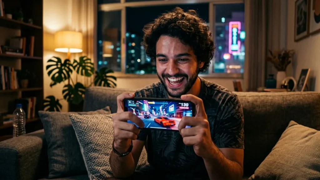 Jovem jogando jogo de direcao de mundo aberto no celular