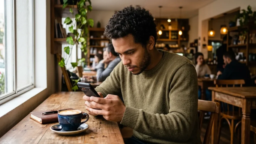 Homem editando fotos no celular em uma mesa de café perto da janela