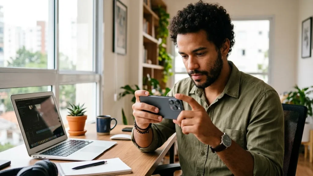 Homem editando vídeo no celular em uma mesa com laptop