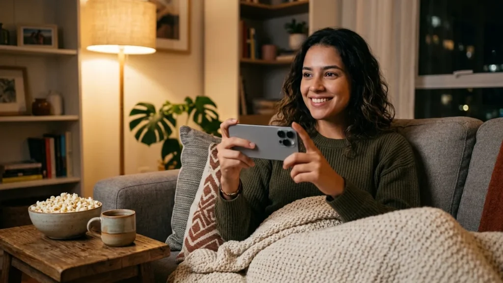 Mulher relaxando no sofá à noite assistindo série no celular com pipoca