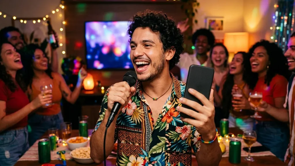 Homem cantando karaokê em casa com o celular, amigos ao fundo em ambiente festivo
