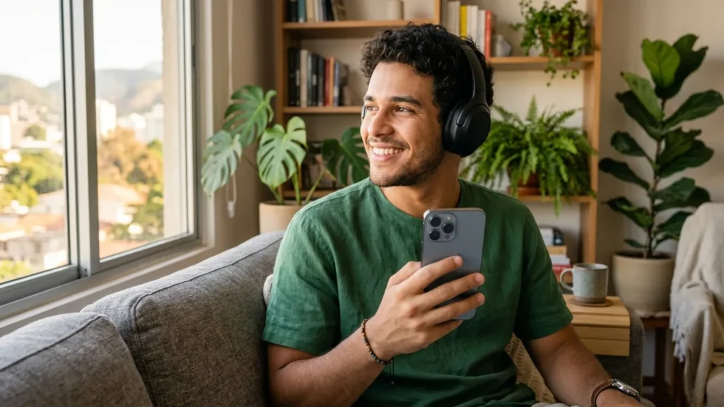 Homem com fones de ouvido ouvindo música no celular perto da janela