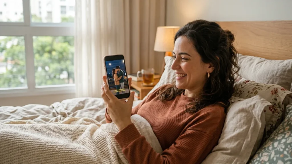 Mulher maratonando novela turca no celular na cama