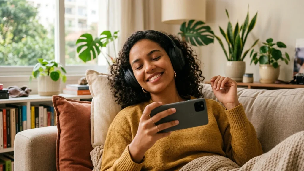 Mulher relaxando no sofá com fones de ouvido, ouvindo música no celular