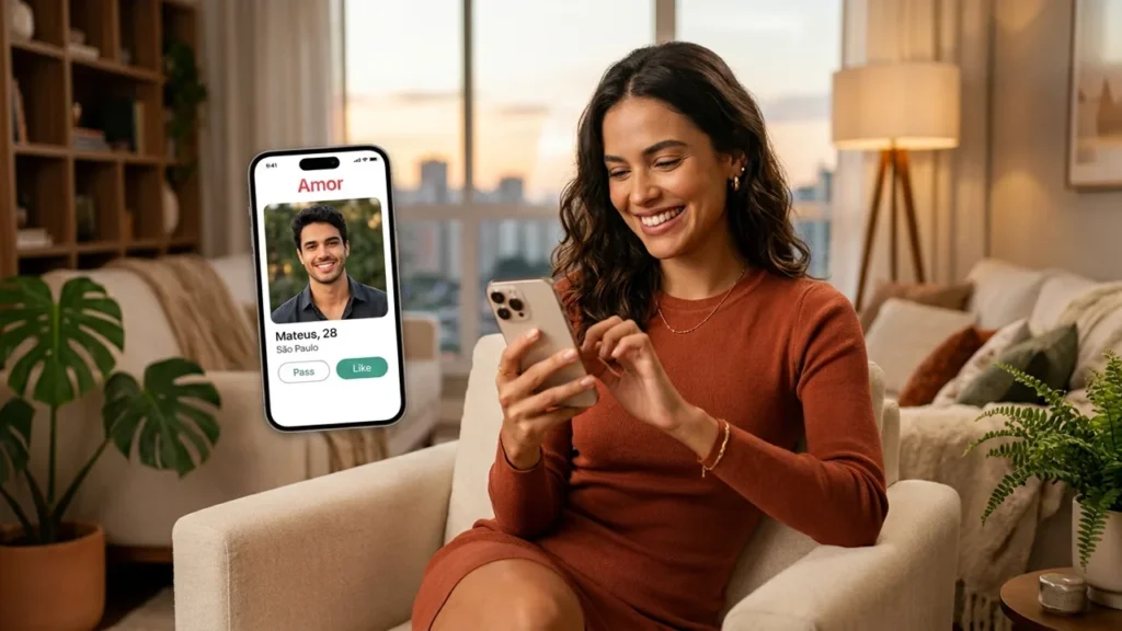 Mulher usando app de relacionamento no celular em casa